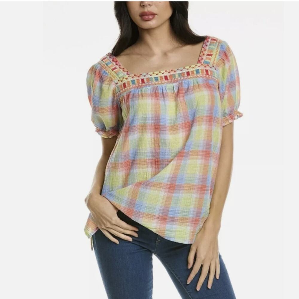 NEW Johnny Was Delacey Puff Sleeve Boho Embroidered Peasant Top Womens Small